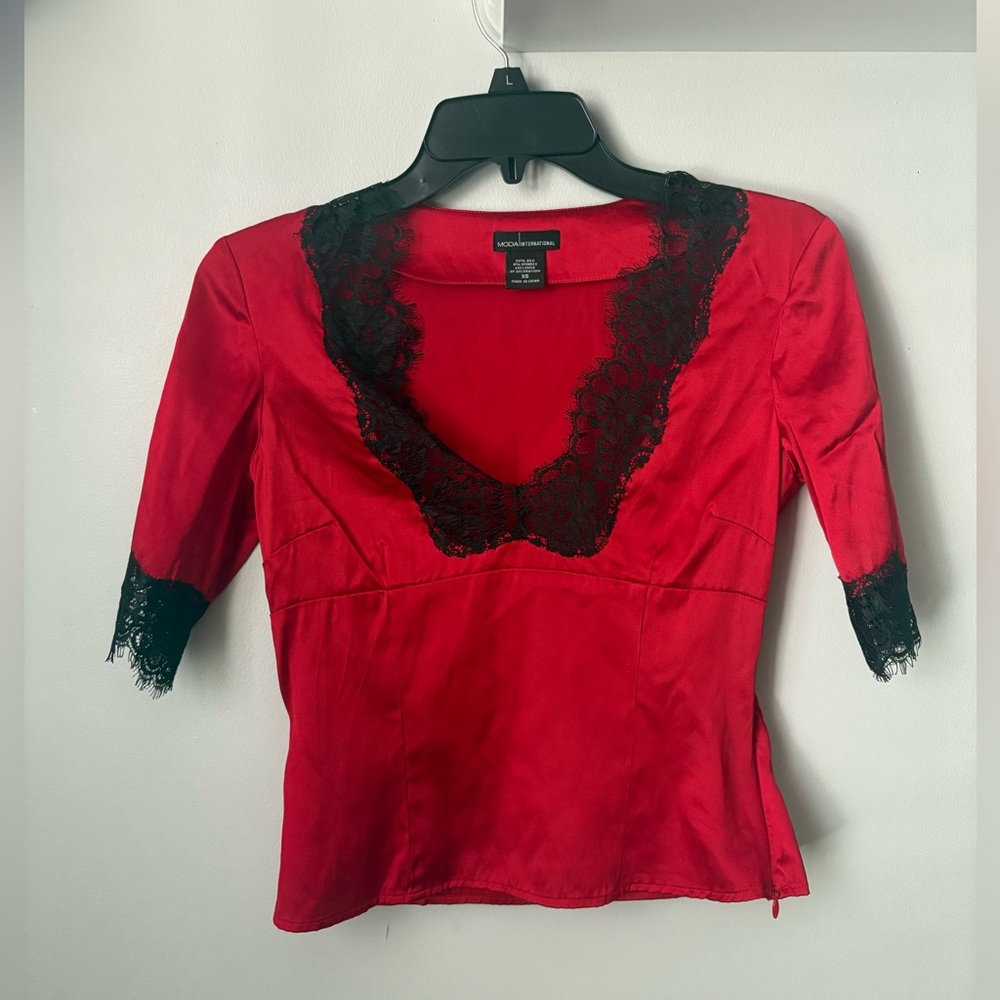Red Silk Lace Trim Top- Size XS